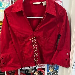 Red Blouse with Lace-Up Detail
